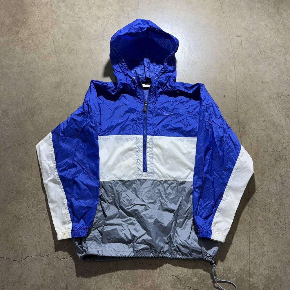 Colorblock Jacket Mens Medium Blue Gray White Hooded 1/4 Zip Windbreaker Anorak